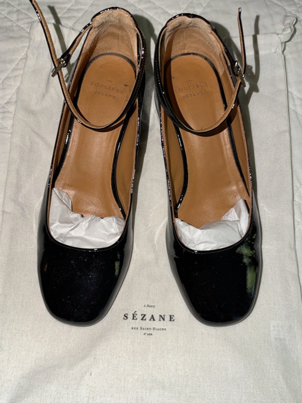 Black Patent Mary Jane Heels with Ankle Strap